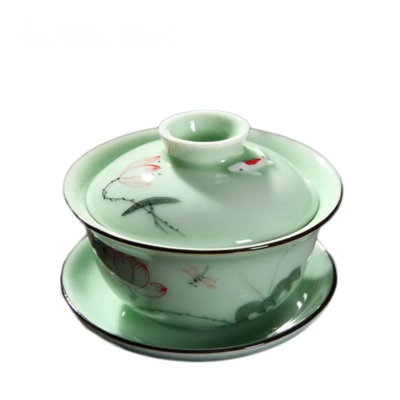 С Тиснением лотоса, рыба, Gaiwan, ручная роспись, чайная супница Longquan с узором, чайные чаши, чайник Tieguanyin, отправляется