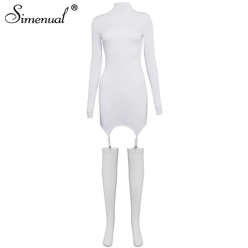 

Simenual Solid Bodycon Garter Women Mini Dress with Stocking Long Sleeve Sexy Clubwear Skinny Party Dresses Autumn 2020 Hot Slim