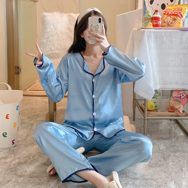 

Осенняя шелковая пижама, женский кардиган с длинными рукавами, брюки, костюм, Милая Сексуальная Шелковая пижама, модная свободная домашняя ...