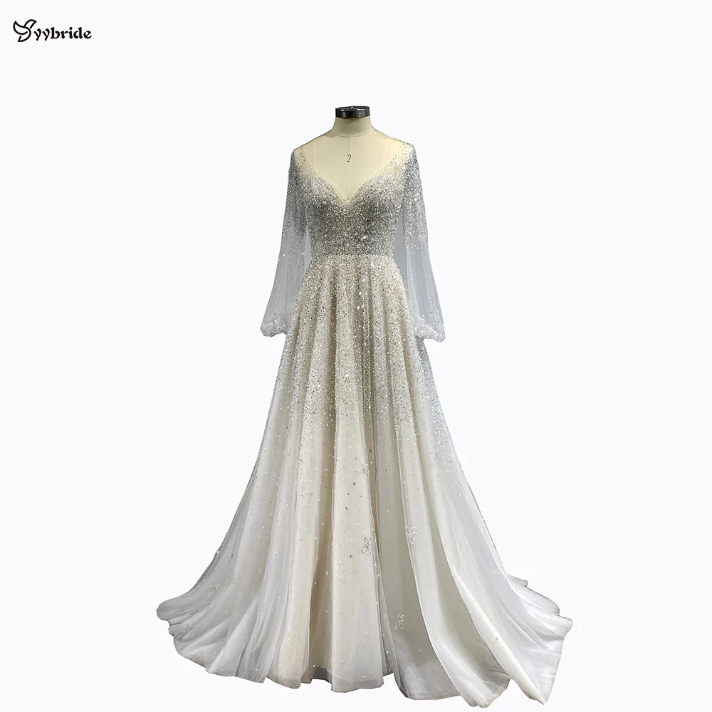 

YYbride Newest Ivory Color All Hand Sewing Beads and Crystals Long Sleeves V-Neck Backless A-Line Elegant Women Evening Dresses