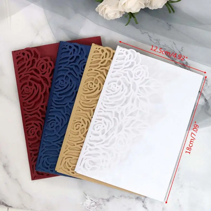

10pcs/set Cut Hollow Rose Shape Wedding Invitations CardInvite Envelopes Kit Bridal Shower Engagement Party Supplies