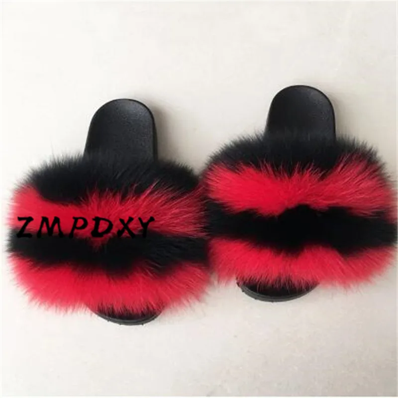 

Women Summer Fluffy Fur Slides Real Fox Fur Slippers Girl's Plush Furry Flip Flops Plus Size EU28-45 Drop Shipping Fur Shoes