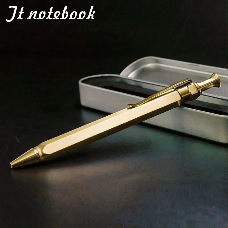 

luxury Brass Pen with Hexagon Design Twist retractable Ballpoint Pen Office school Writing Stationeries gift box