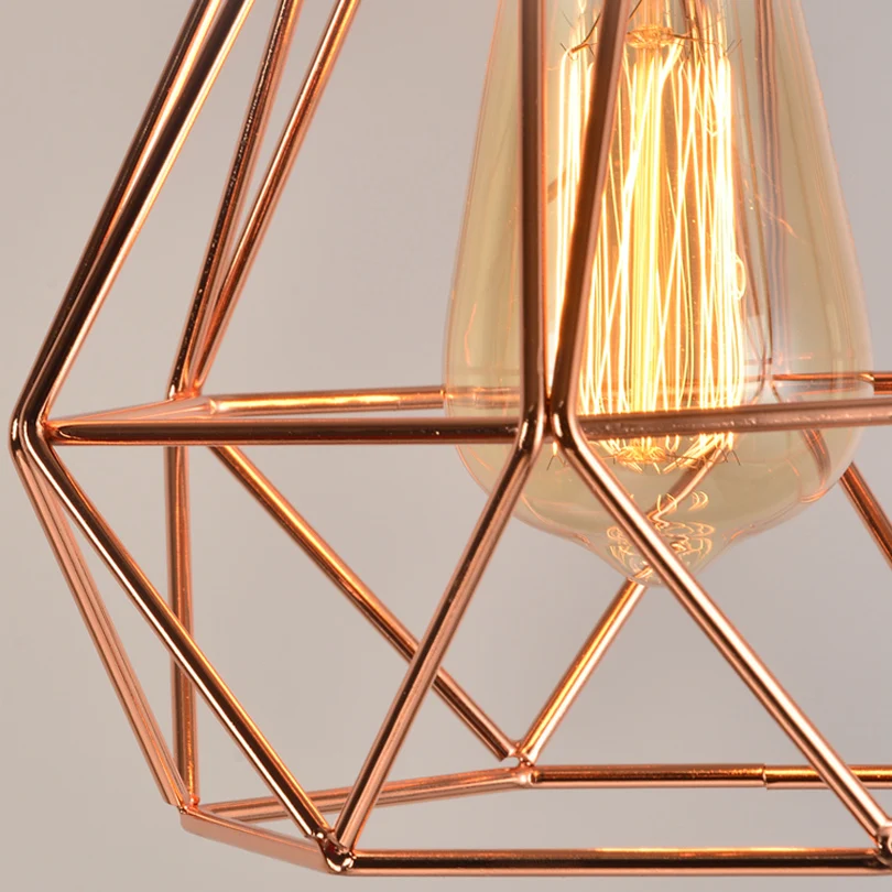 Lámpara colgante de jaula de Metal Industrial, nórdica, moderna, Vintage, chapado en oro rosa, creativa, para restaurante y sala de estar