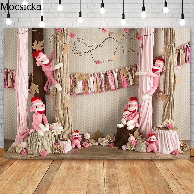 

Mocsicka Pink Sock Monkey Cake Smash Photography Backdrops Chirldren Birthday Photo Props Studio Booth Background Flowers Decor