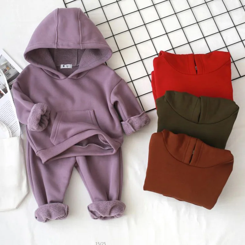 

Winter Boys Set Fleece Warm Children's Hooded Sweatshirt + Pants Casual Sport 2 Piece Set Black Kids Girls Clothes BC491