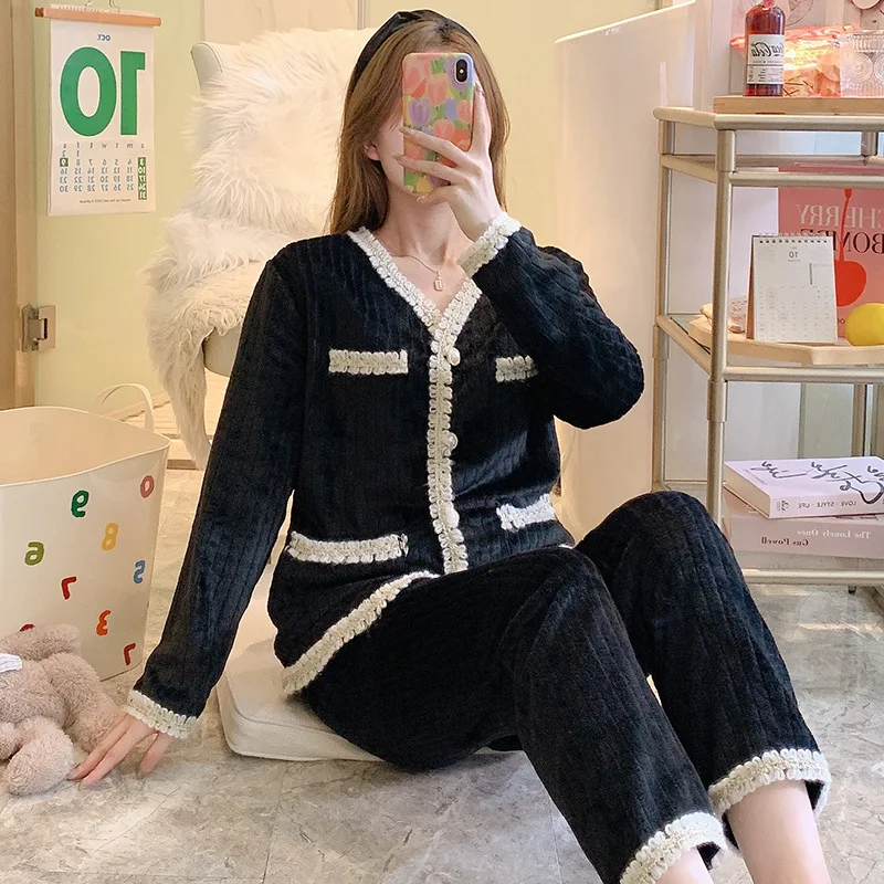 

Фланелевый кардиган с небольшим запахом, Женский костюм в полоску, осенне-зимняя верхняя одежда с жемчужной пряжкой, толстая Пижама, домашн...