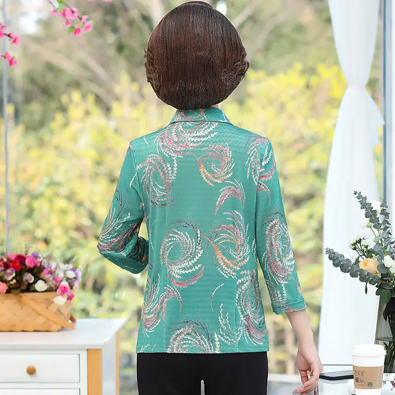 

Plus Size 5XL Middle Age Women Blouse Shirts Spring Summer Mother Clothing Three Quarter Print Shirt Blusa Femme Cardigan Tops