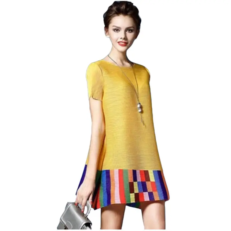 

Summer Fashion Color Contrast Round Neck Pleated A-line Skirt New Foreign Style Age Reducing Loose and Thin Dress