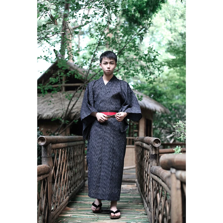 Традиционное японское дизайнерское мужское черное кимоно Оби свободный халат