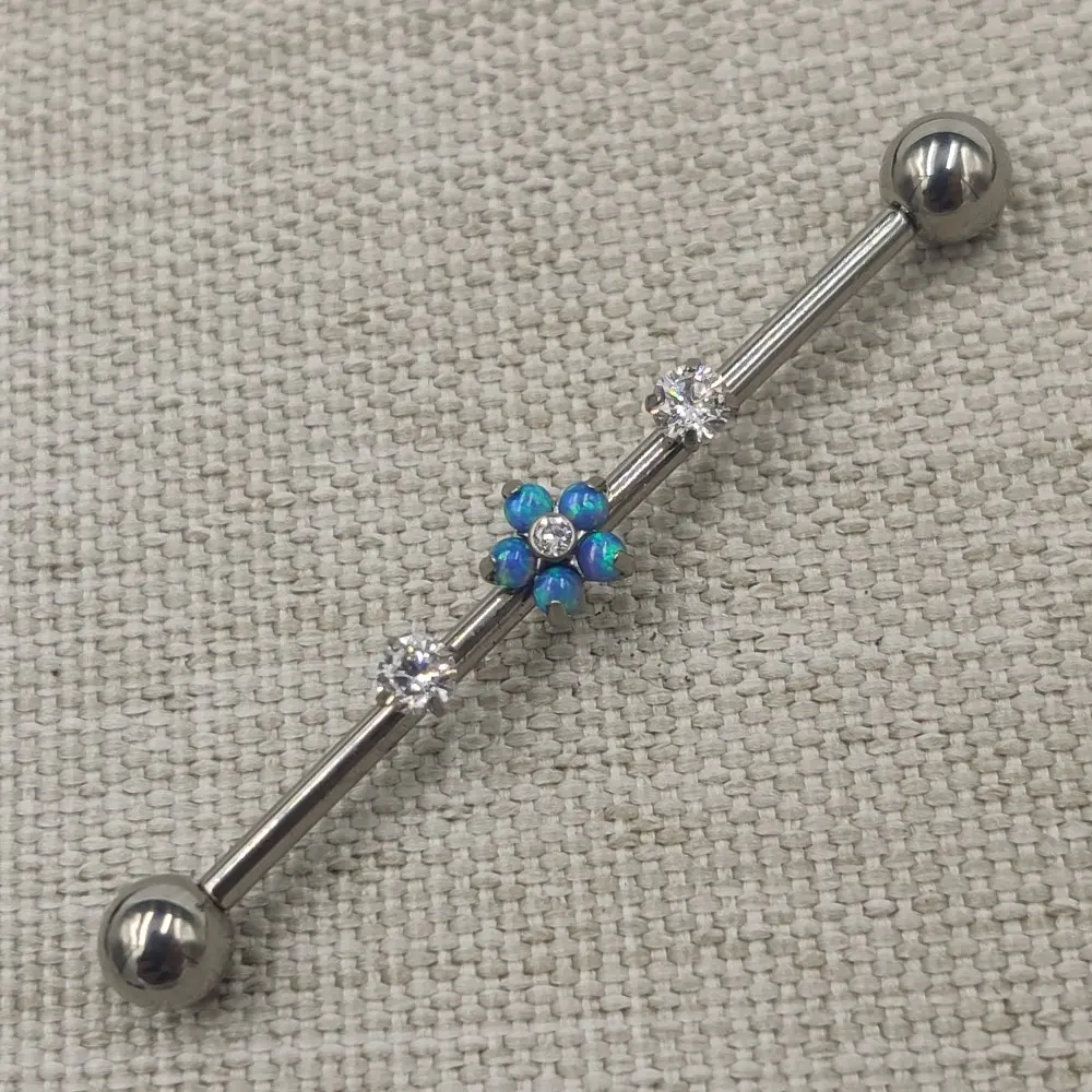 

14G ASTM F136 Titanium Internal Thread Screw Long Straight Barbell with CZ Opal Flower for Ear Industrial Piercings Body Jewelry