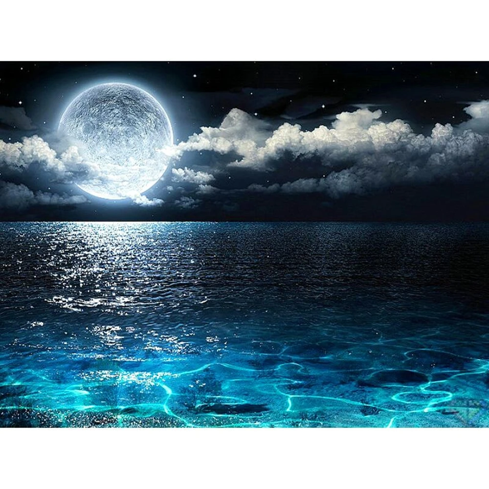 Полноразмерная 5D алмазная картина с пейзажем Луна вышивка морской поверхностью