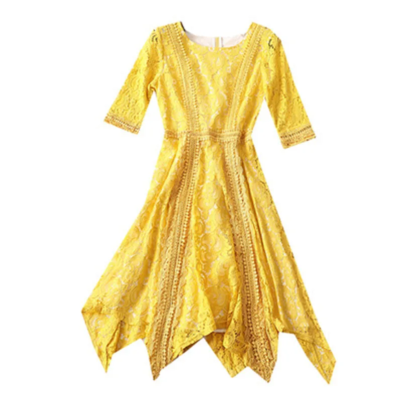 

Summer Women's Dress Short Sleeve Yellow Round Neck Zip Lace Vestidos Waist Hollow Irregular Dress 2020 New A741