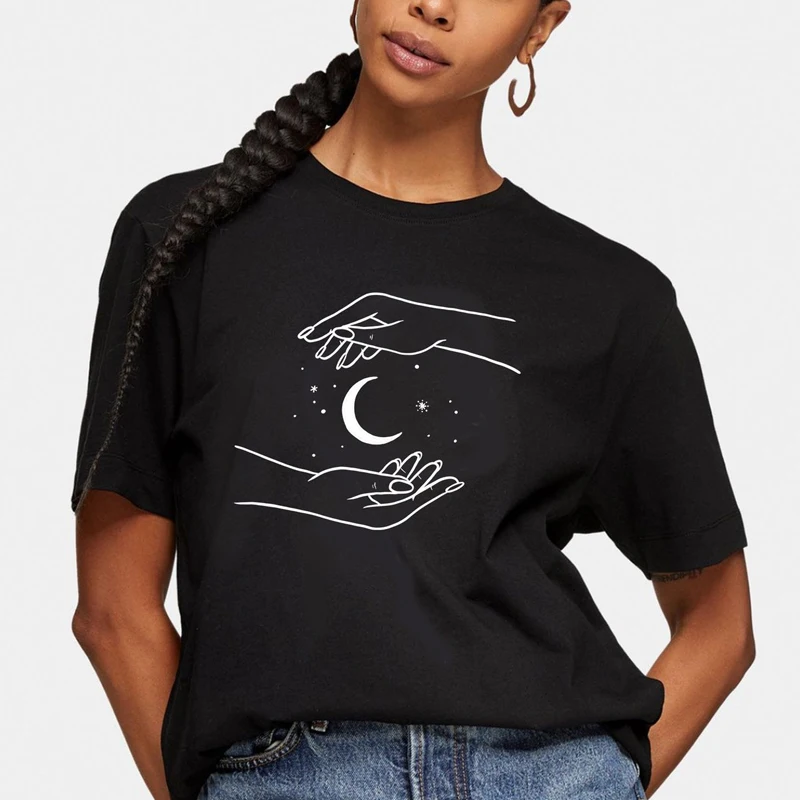 

Celestial Moon In Hands T-shirt Aesthetic Spiritual Hippie Soul Nature Tshirt Vintage Women Short Sleeve Magical Witchy Top Tee