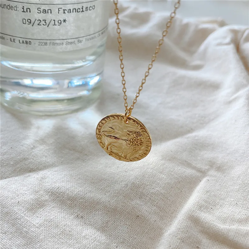 

RUIYI Real 925 Sterling Silver Classical Lion Brave Women Necklace Young Girls Gold Geometric Vintage Coin Pendant Necklace