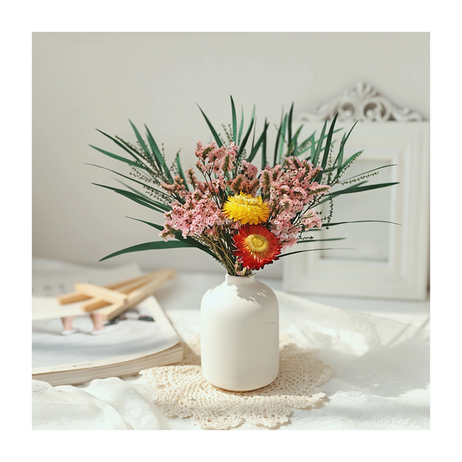

New Gypsophila Dried Flower Bouquet With Porcelain Vase Dried Flowers With Branches Stems Greenery Decor NE