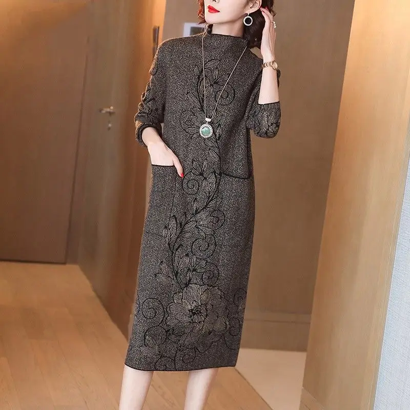 

Women Autumn Winter New Vintage Flower Embroidery Knitted Dress Female Long Sweater Dresses Ladies Casual Pockets Dress P98
