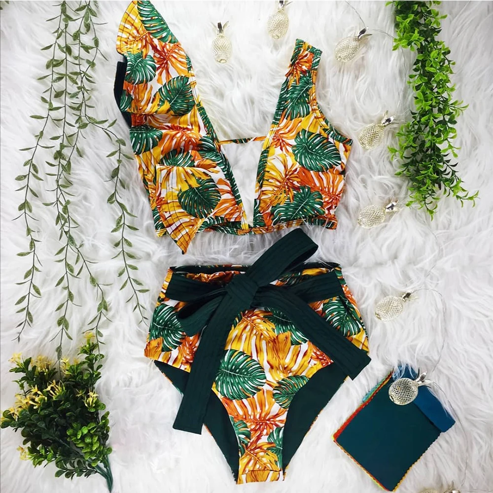 

2021 Two-Pieces Women Floral Push-Up Padded Bra Ruffles Bandage Bikini Set Swimsuit Swimwear Bathing Suit Beachwear Biquini