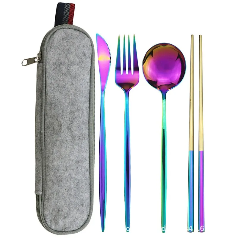 

4 Piece/Set Portable Tableware Stainless Steel Cutlery Chopstick Spoon And Fork Outdoor Picnic Camping Student School Flatware