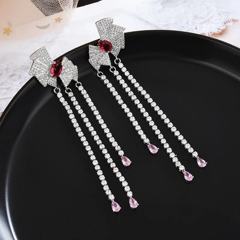 

Drop Earrings for Women Fashion Jewelry 2021 Long pendant Earring Temperament Elegant Bowknot Earring Pink CZ Stone Eardrop