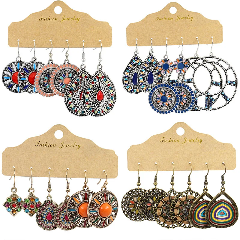 

Retro India Bohemia Accessories Combination Earrings Set Female Flower Hoop round Dripping Drop Gift