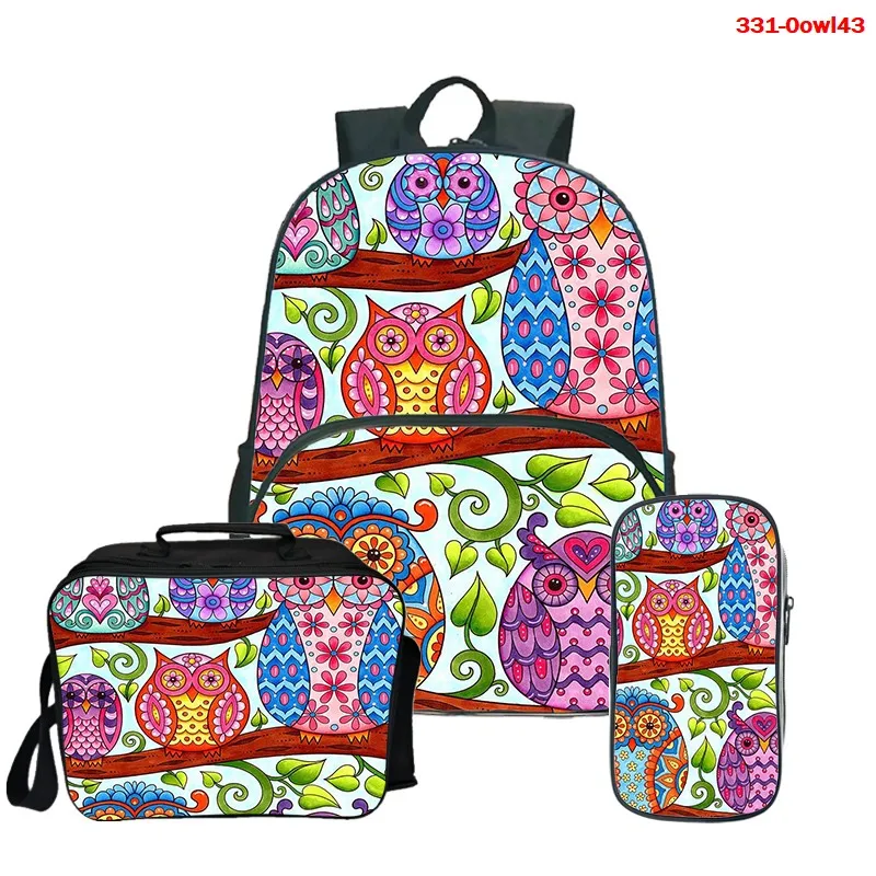 

MENS lunch bag graphic cartoon Cute owl Backpack Shoulder Bags 3D Print School Bag Mochilas Student 16.5inch 3pcs/Set Backpack