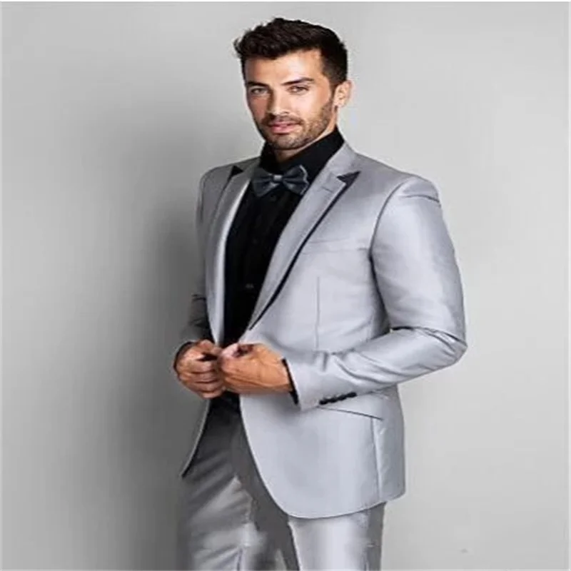 

Новинка 2021, серебристый деловой костюм, мужской костюм, индивидуальный модный дизайн, тонкий смокинг, офисный деловой костюм из 2 предметов (...