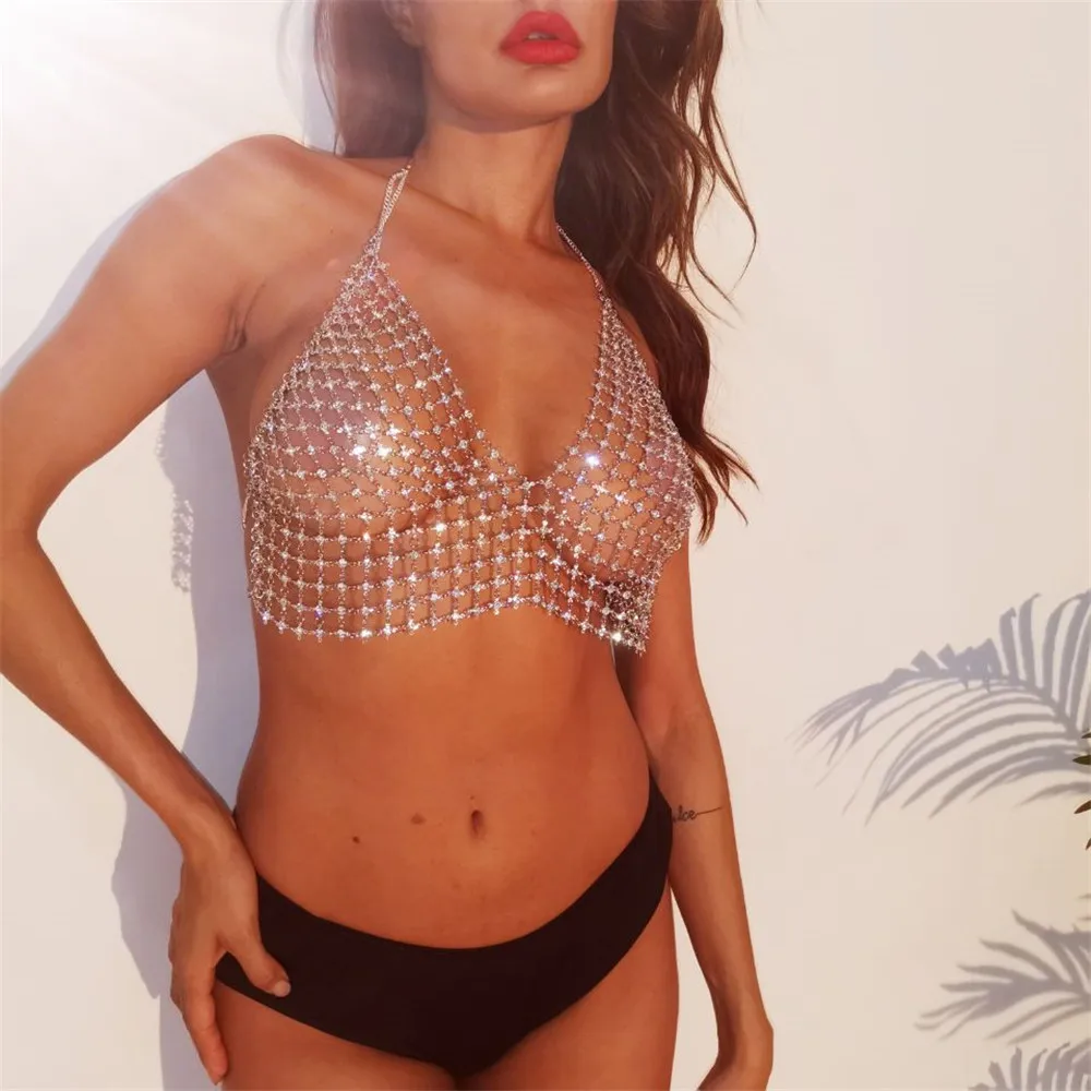 Топ на бретелях ручной работы с кристаллами стразы Холтер сетка открытая спина