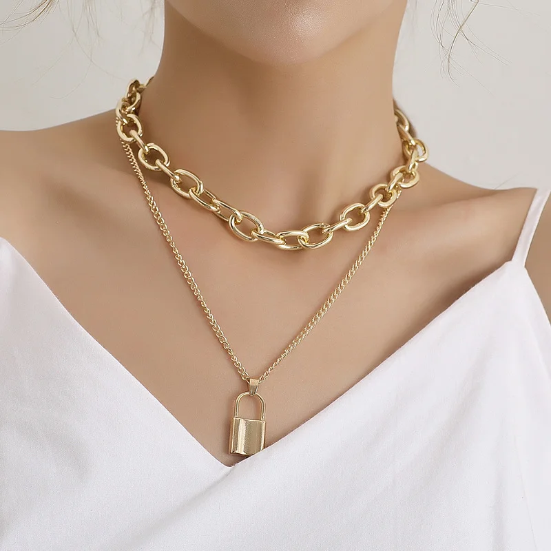 

Vintage Boho Multilayer Choker Lock Pendant Chunky Chain Gold Silver Color Punk Necklace for Women Fashion Jewelry Gift