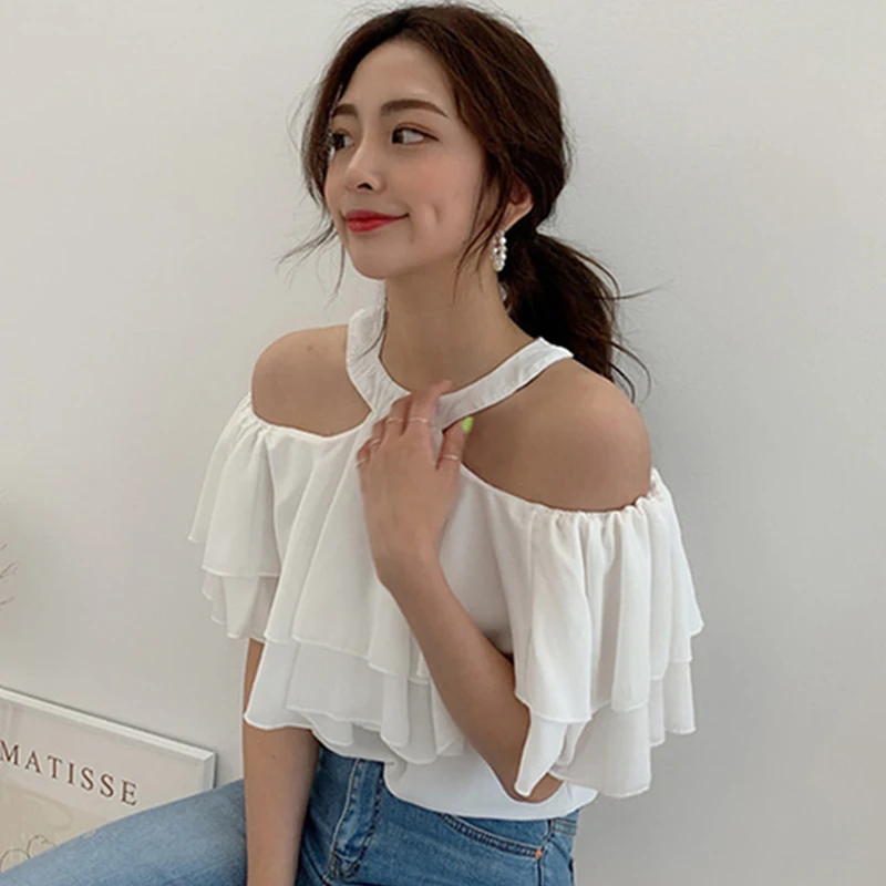 

Women Shirt 2021 Summer Korean Chic Lady Feminine Halter-Neck Slack Shoulder Double-Layer Ruffled Flying Sleeve Blouse
