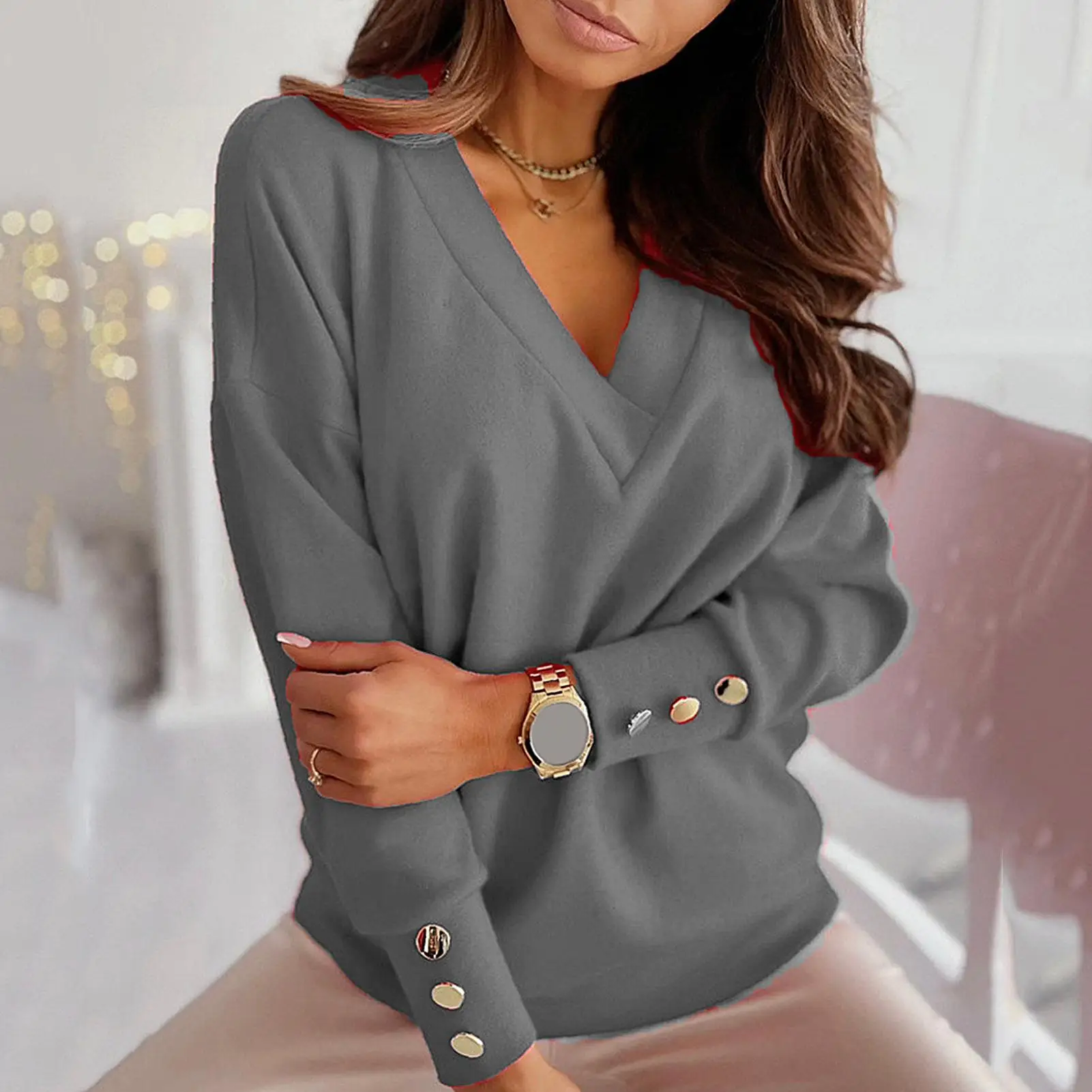 Women's sweater Autumn Solid Color Deep V Neck Pocket Single-breasted Long Sleeve Pullover Knitted Cardigan Tops 2020 Oversized