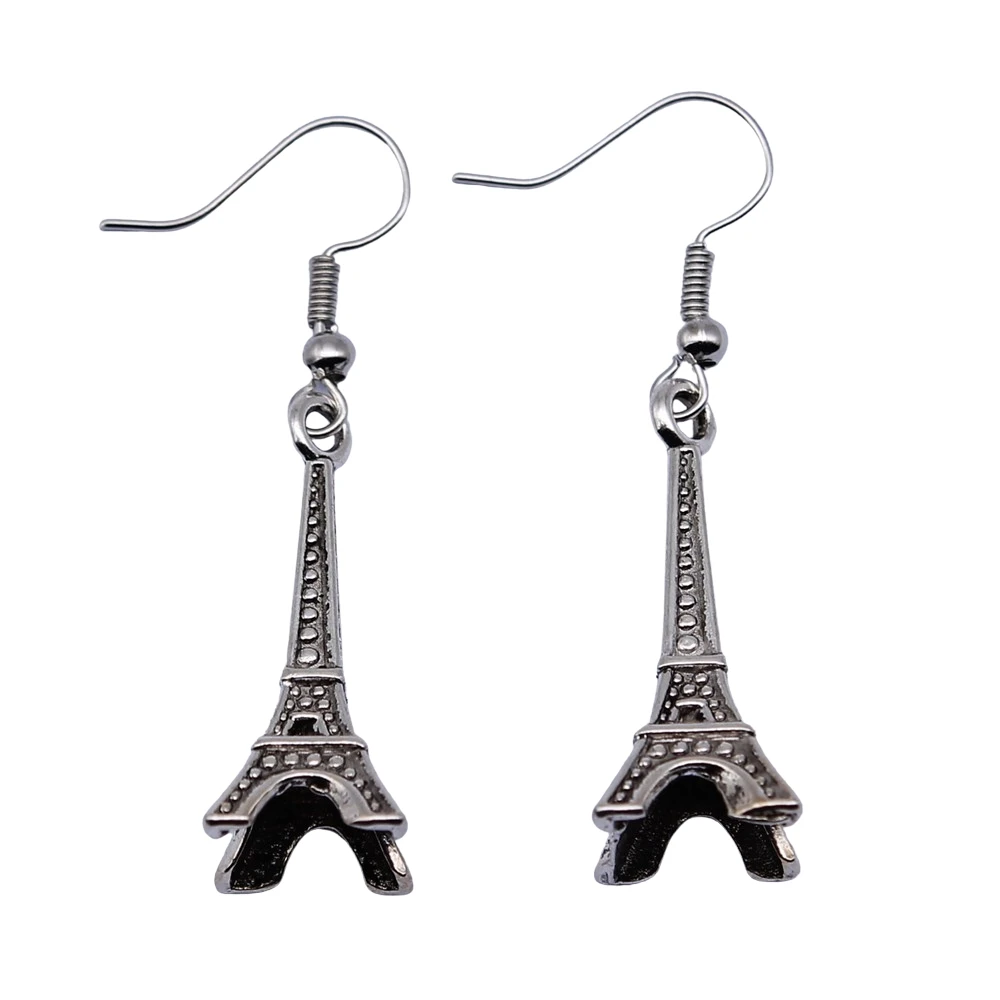 Vintage Antique Silver Color 29x11x11mm 3D Eiffel Tower Charms Dangle Earrings Drop For Women |