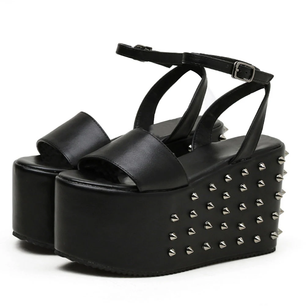 

Popular Goth Giorls Thick Bottom Women Shoes Ankle Buckle Strap Rivet Design Open Toe Super High Heels Sandals Casual 2021 Brand