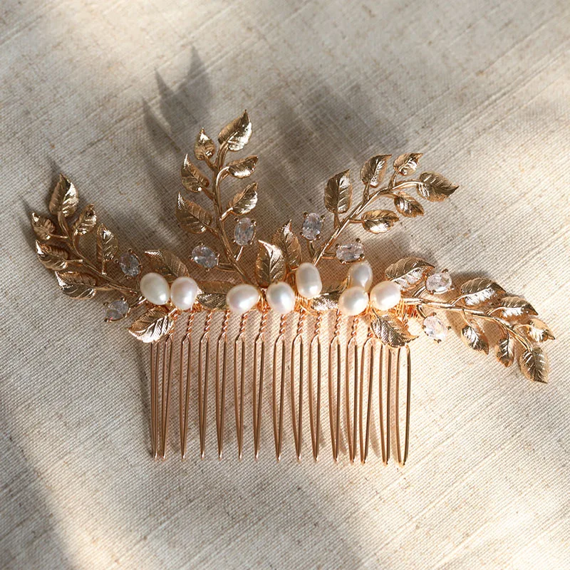 

Delicate Wedding Piece Hair Comb Gold Leaf Pearls Bridal Jewelry Handmade Vintage Women Hair Ornament