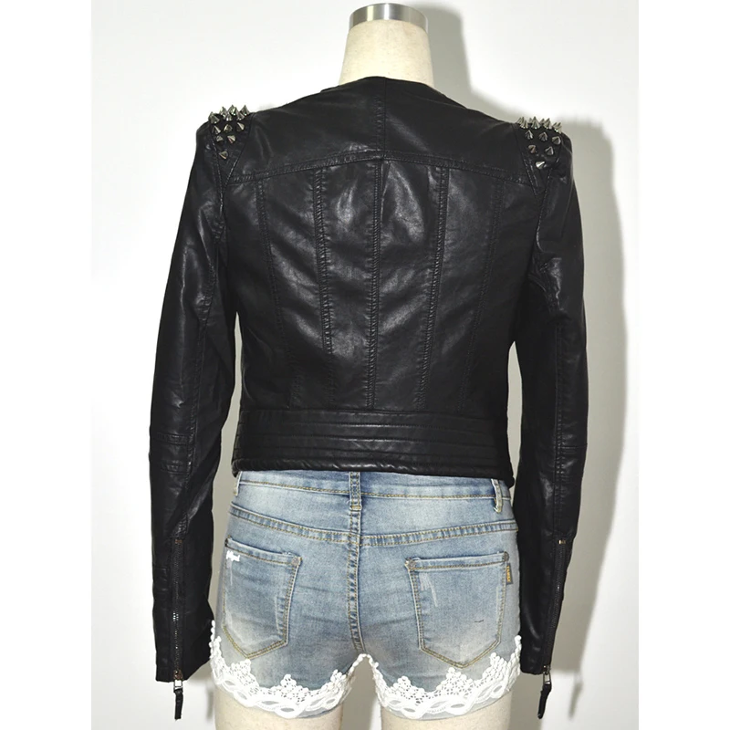 

Europe Large Size Women Black Jackets Short Faux Leather Coats Female Punk Rivet Shrug Shoulder Outerwear Slim Motorcycle PU 6XL