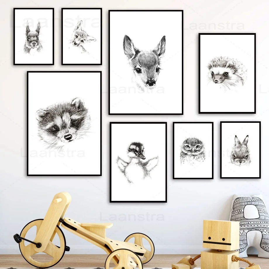 

Modern Black and White Animal Canvas Painting Duck Little Raccoon Wall Picture for Living Room Simple Cute Animal Posters Prints