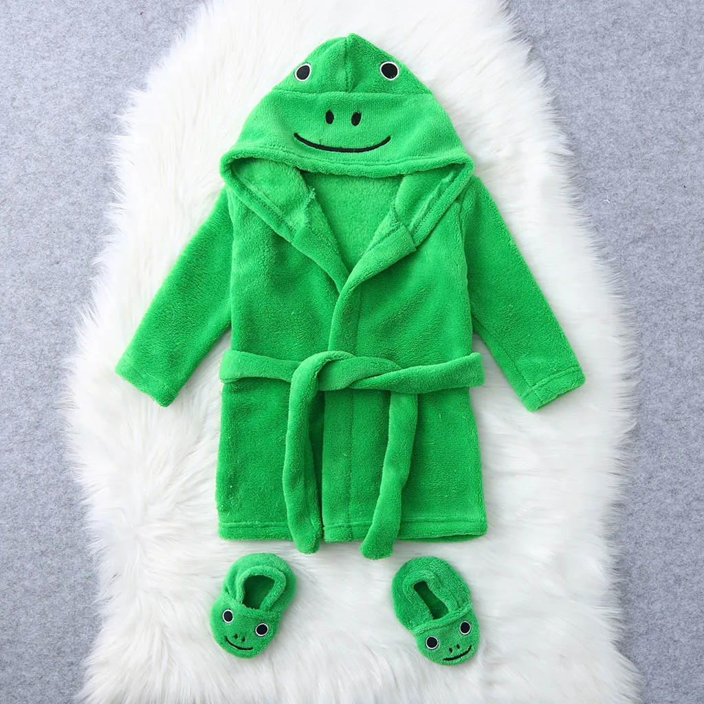 #4 Winter Cartoon Printed Robes Infant Boys Girls Cartoon Flannel Bathrobes Hoodie Sleepwear+footwear Outfits Пижамки