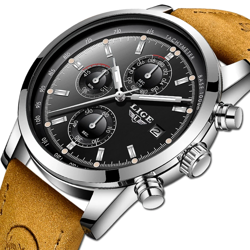 Часы наручные LIGE Мужские кварцевые брендовые Роскошные повседневные