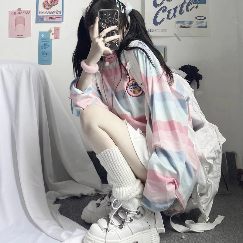 

Early Autumn New Striped T-shirt Women's Long-Sleeved Korean Style Loose and Lazy Style Student Cute Women's Clothing Sweet Girl