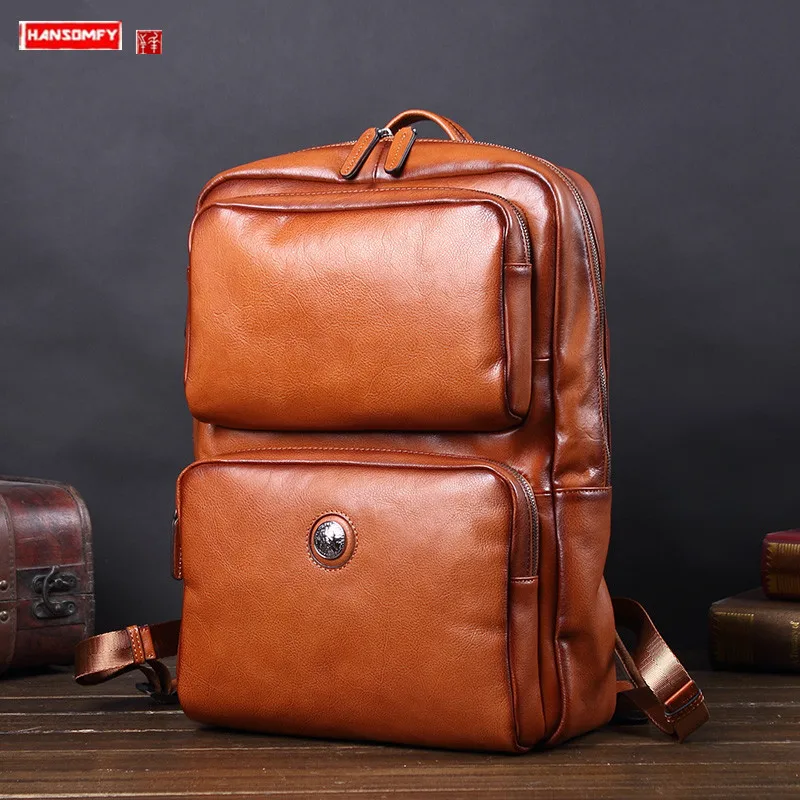 

Leather backpack men's bag backpack fashion trend cowhide school bag computer travel bag ins fashion brand large capacity