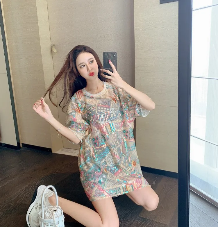 

2021 Summer Fashion Lace Loose TShirt Oversize Tops Womens Sexy Short Sleeve Sequined Embroidery Mesh T-shirts Tees Long T-Shirt
