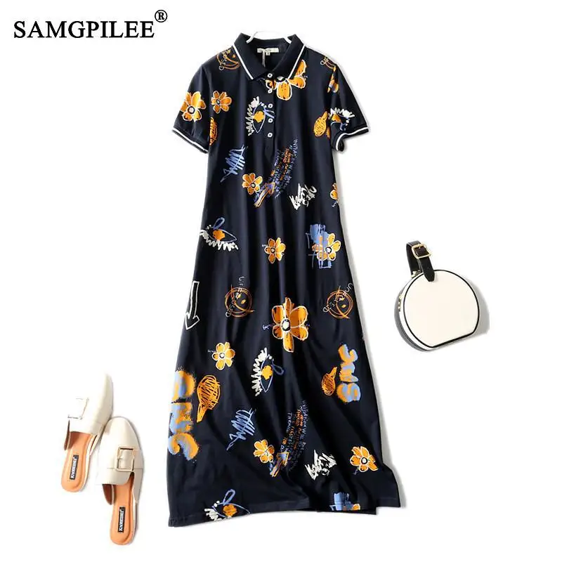 

Dresses Women 2021 Summer New Print Short Sleeve Korean Big Pockets Over The Knee Turn Down Collar Plus Size Stretch Dress Woman