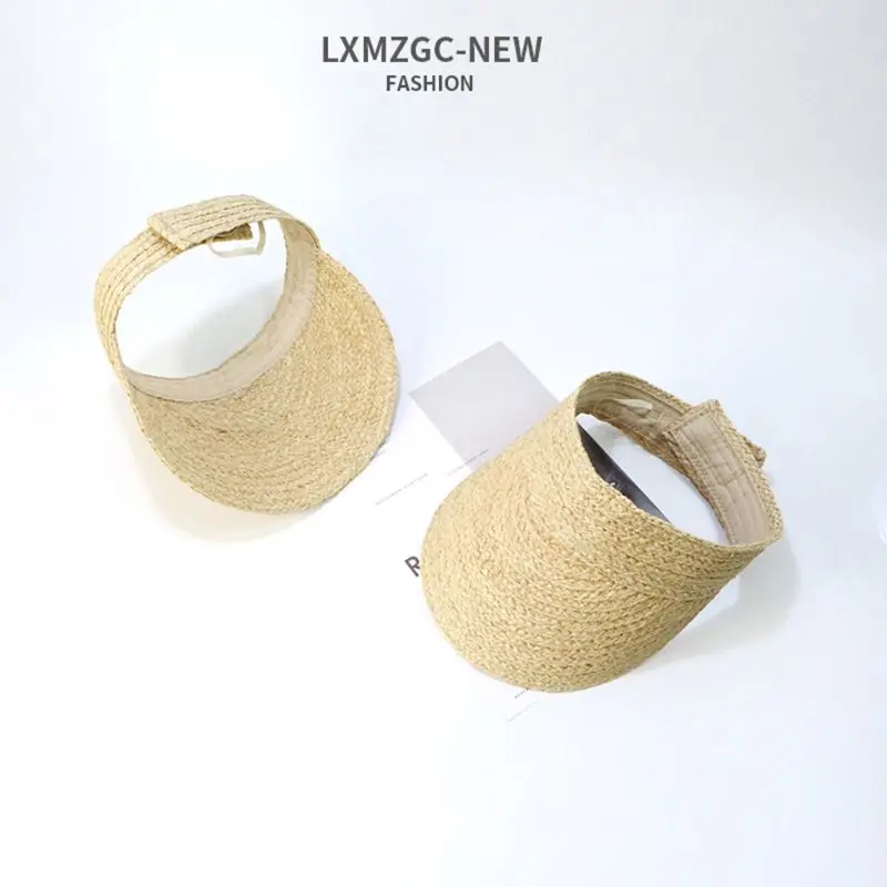 

Ladies Summer Handmade Woven Raffia Straw Sun Visor Hat Empty Top Wide Brim UV Protection Adjustable Foldable Peaked Beach