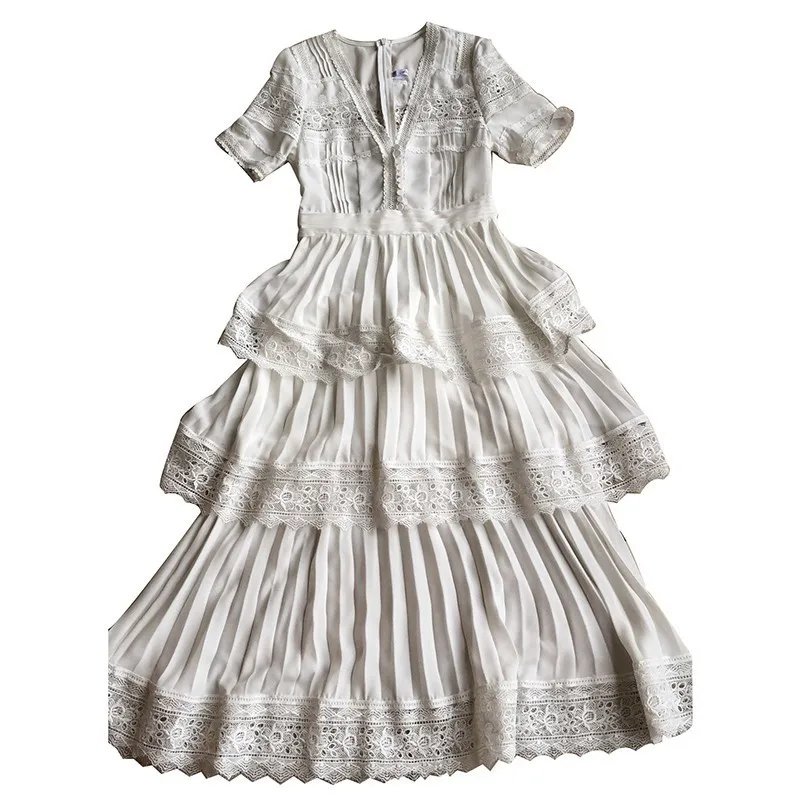 

VGH Vintage Patchwork Lace Dress For Women V Neck Short Sleeve High Waist Midi Elegant White Dresses Female 2020 Fashion Summer