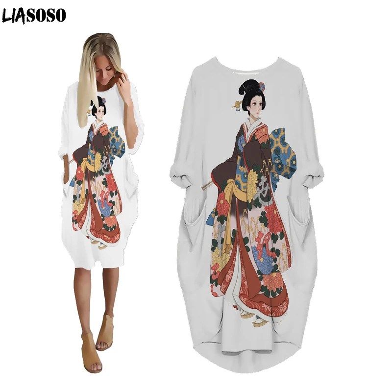 

LIASOSO Japanese Popular Oiran Dress 3D Printing Ladies Harajuku HipHop Fashion Knee-Length Ladies Loose Summer Pocket Dress