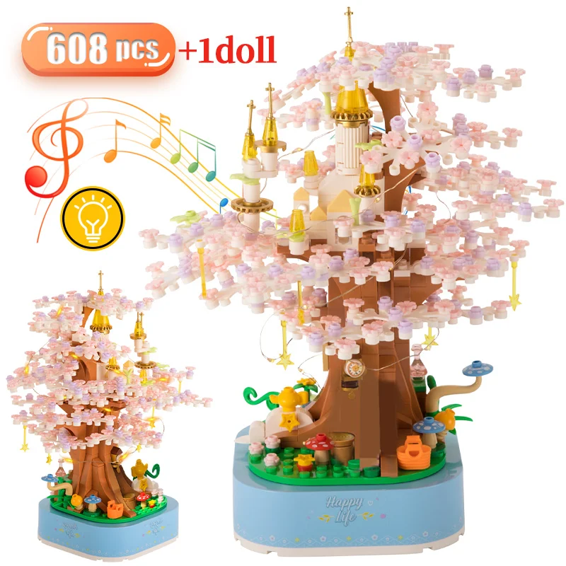 

Friends Cherry Tree Rotating Music Box Building Blocks MOC Sakura Blossoms with Light Figures Bricks DIY Toys For Children Gifts