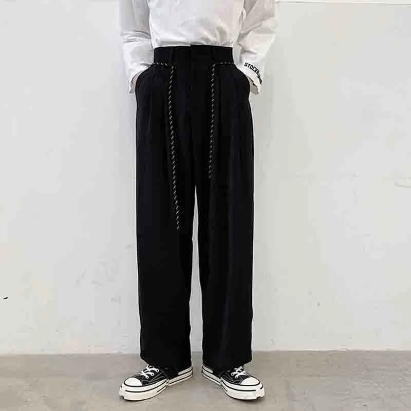 

pants Drape casual personalized lanyard long pants men's autumn loose straight tube wide leg suit pants trend