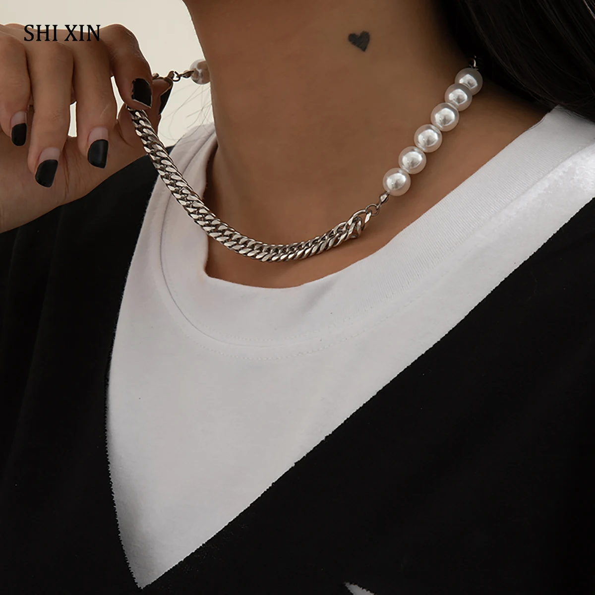 

SHIXIN Stainless Steel Chains With Pearl Beads Necklace on the Neck Fashion Short Choker Necklaces for Women 2021 Collar Collier