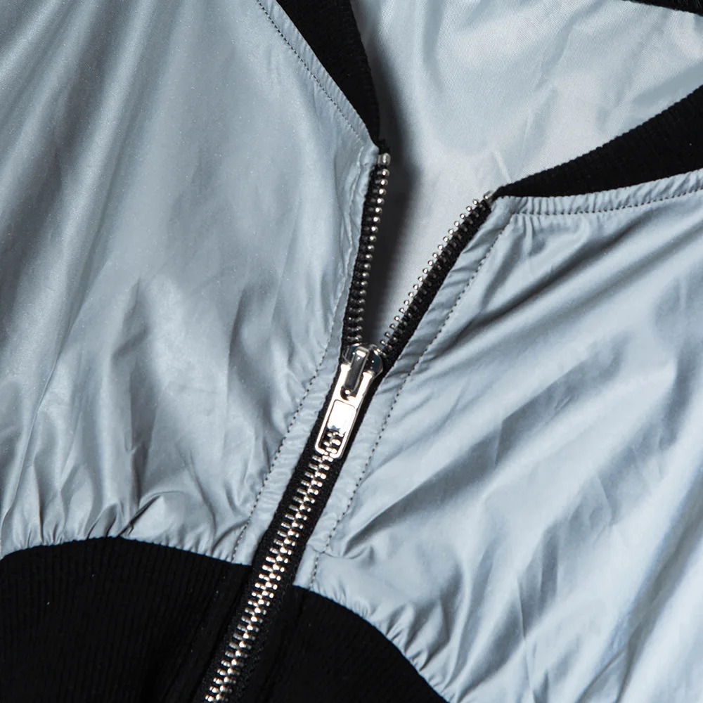 2019 Осенняя Женская Сексуальная Светоотражающая серебристый на молнии стеганая с