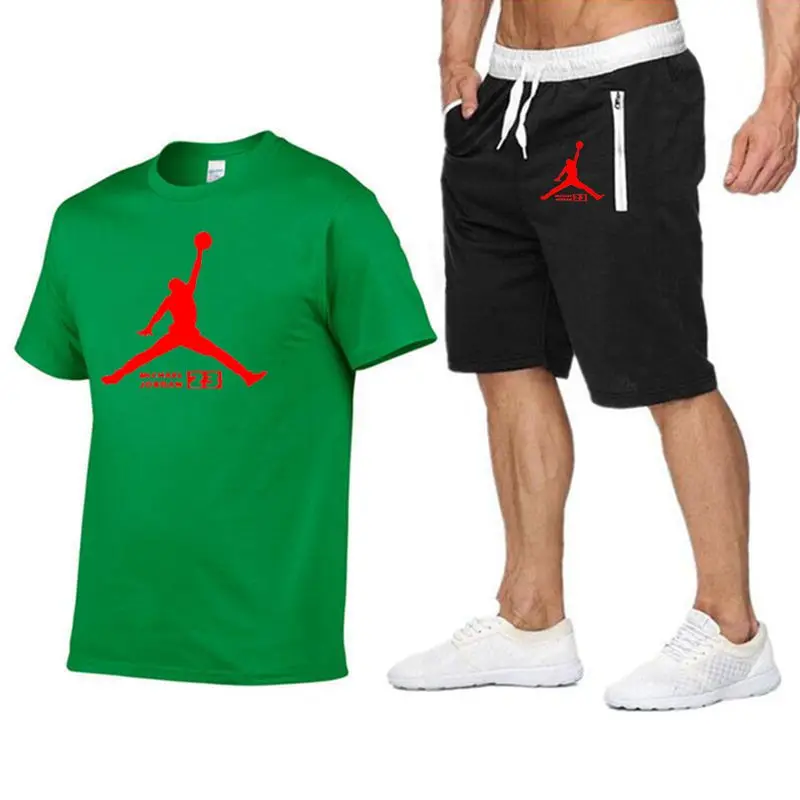 JORDAN 23 спортивный костюм с принтом футболка+ шорты модные тенденции в Фитнес хлопок брендовые футболки для мужчин бодибилдинг одежда M-XXL - Цвет: green